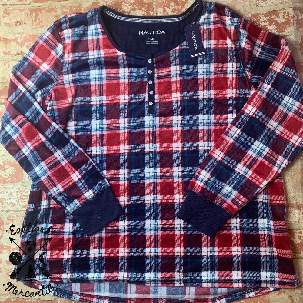 NEW Nautica Ladies Fleece Plaid Henley Pajama Top XXL